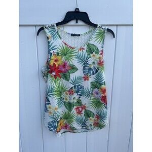 Storybuk Women’s Floral Multicolor Sleeveless Tank Top Crochet Trim Sz Small